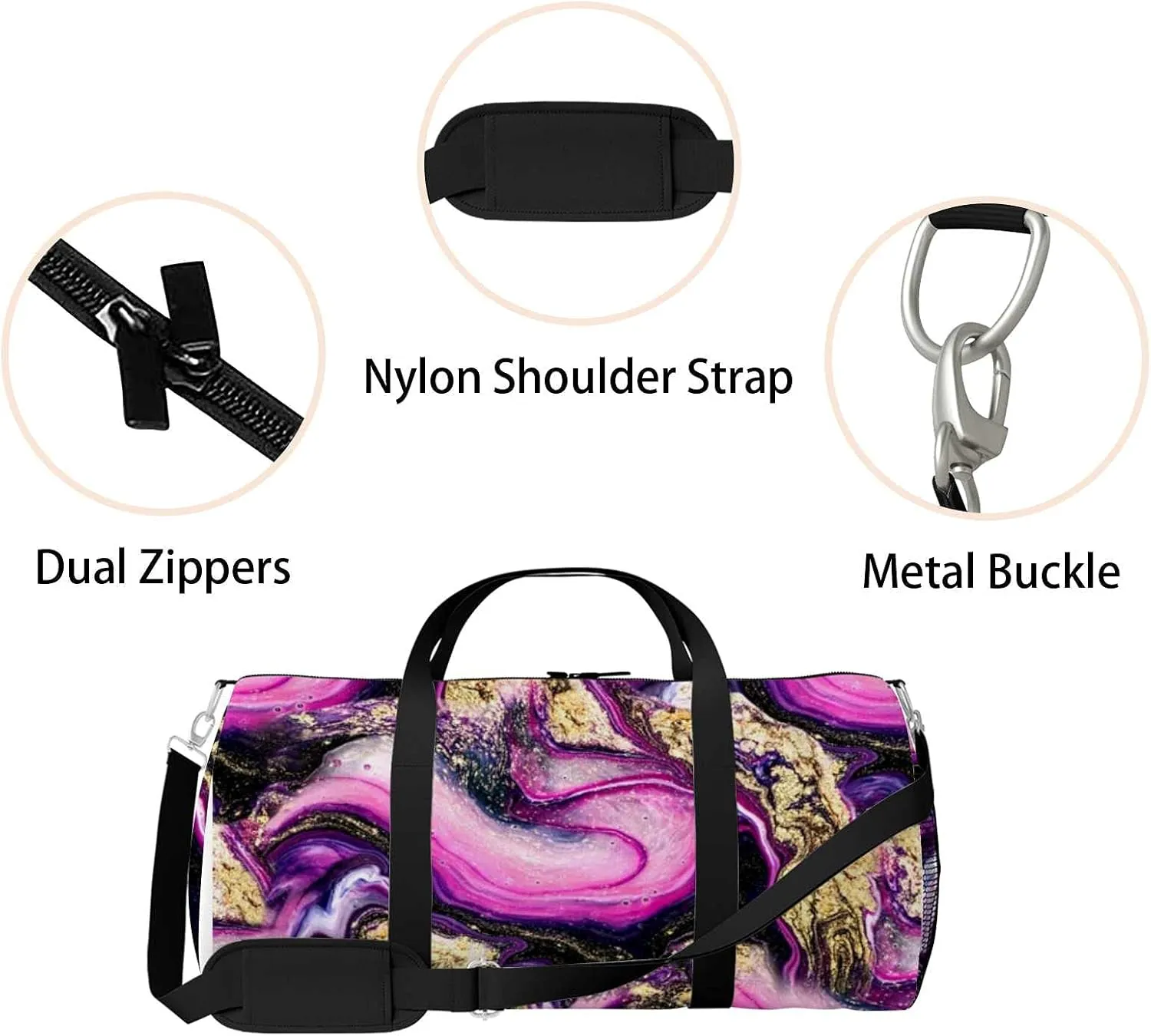 Beautiful Purple Swirl Sports Duffel Bag Travel Gym Tote Bags Lightweight Durable Shoulder Strap Waterproof Polyester Outside Mesh Pocket Overnight Trip Duffel Bag for Women Men