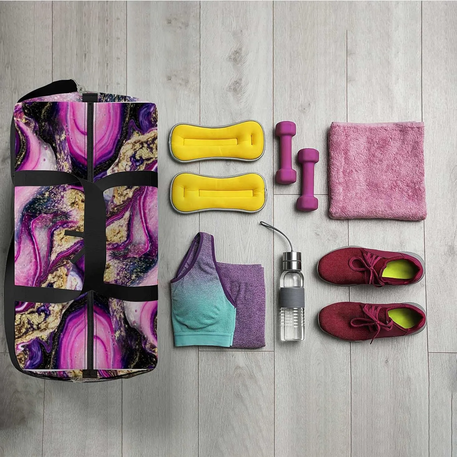 Beautiful Purple Swirl Sports Duffel Bag Travel Gym Tote Bags Lightweight Durable Shoulder Strap Waterproof Polyester Outside Mesh Pocket Overnight Trip Duffel Bag for Women Men