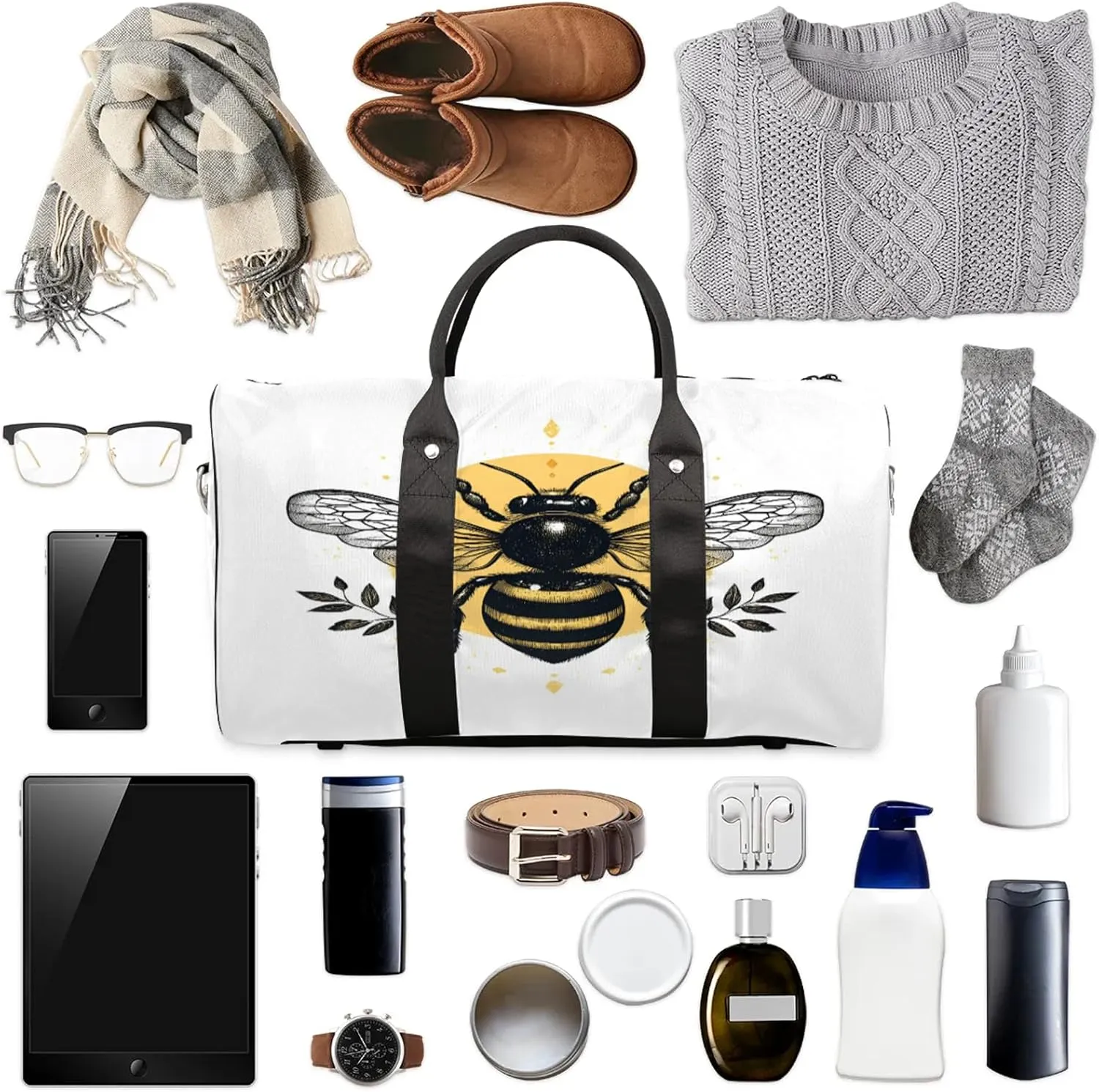 Bee Duffle Bag for Travel, Overnight Weekend Gym Carry On Luggage Bag, Black Yellow Bee Travel Duffel Bag for Men Women
