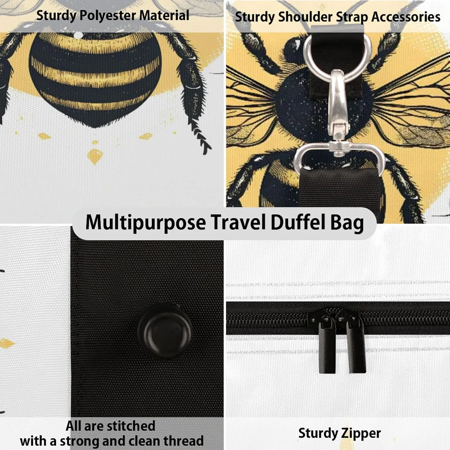 Bee Duffle Bag for Travel, Overnight Weekend Gym Carry On Luggage Bag, Black Yellow Bee Travel Duffel Bag for Men Women