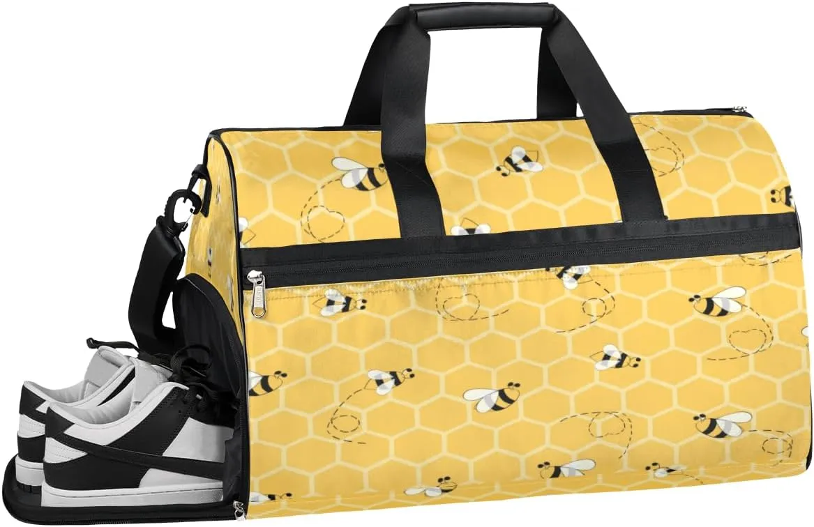 Bee Honey Theme Sports Gym Bag with Wet Pocket & Shoes Compartment Waterproof Workout Duffel Bag for Women and Men Weekender Overnight Duffle Bag Travel Carry-on Tote