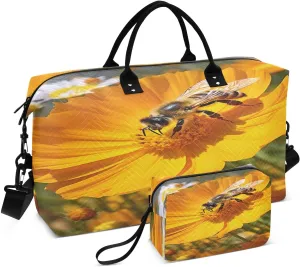 Bee Yellow Flower Travel Duffel Bag with Toiletry Bag Weekender Bag for Carry on Sports Gym Bag for Yoga Sports Gym