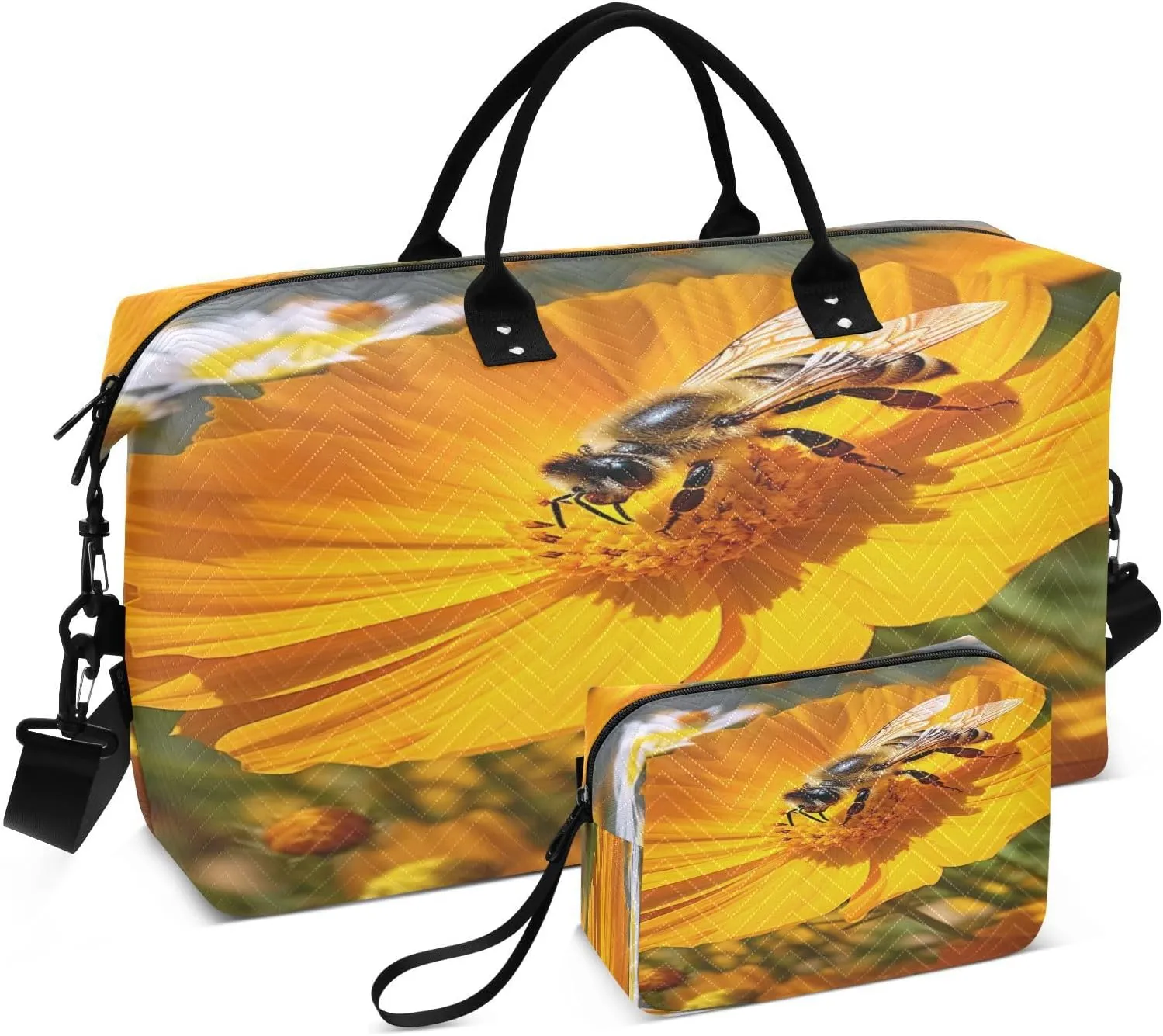 Bee Yellow Flower Travel Duffel Bag with Toiletry Bag Weekender Bag for Carry on Sports Gym Bag for Yoga Sports Gym