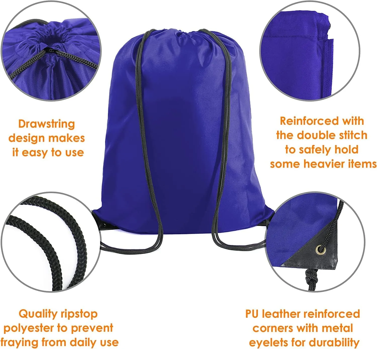 BeeGreen Royal Blue Drawstring Backpack Bags Bulk 10 Pack X-Large 22.4" L x 17.5" W Sports Cinch Sack Gym String Bags Machine Washable Heavy Duty String Backpack for Men Women