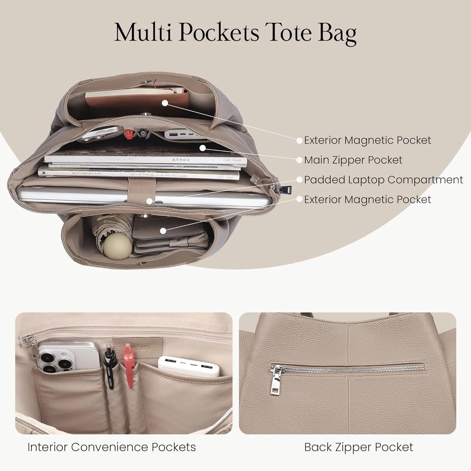 befen Genuine Leather Tote Bag for Women Work, Womens Laptop Tote Bags Shoulder Purses Totes with Compartments Handbags