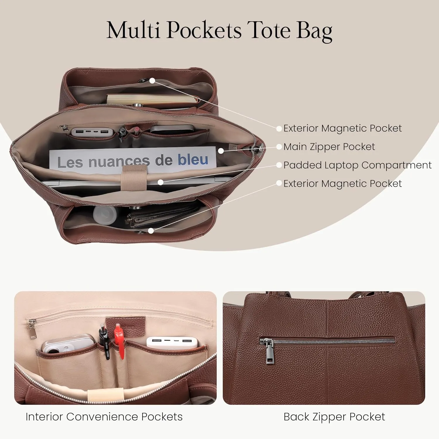 befen Genuine Leather Tote Bag for Women Work, Womens Laptop Tote Bags Shoulder Purses Totes with Compartments Handbags
