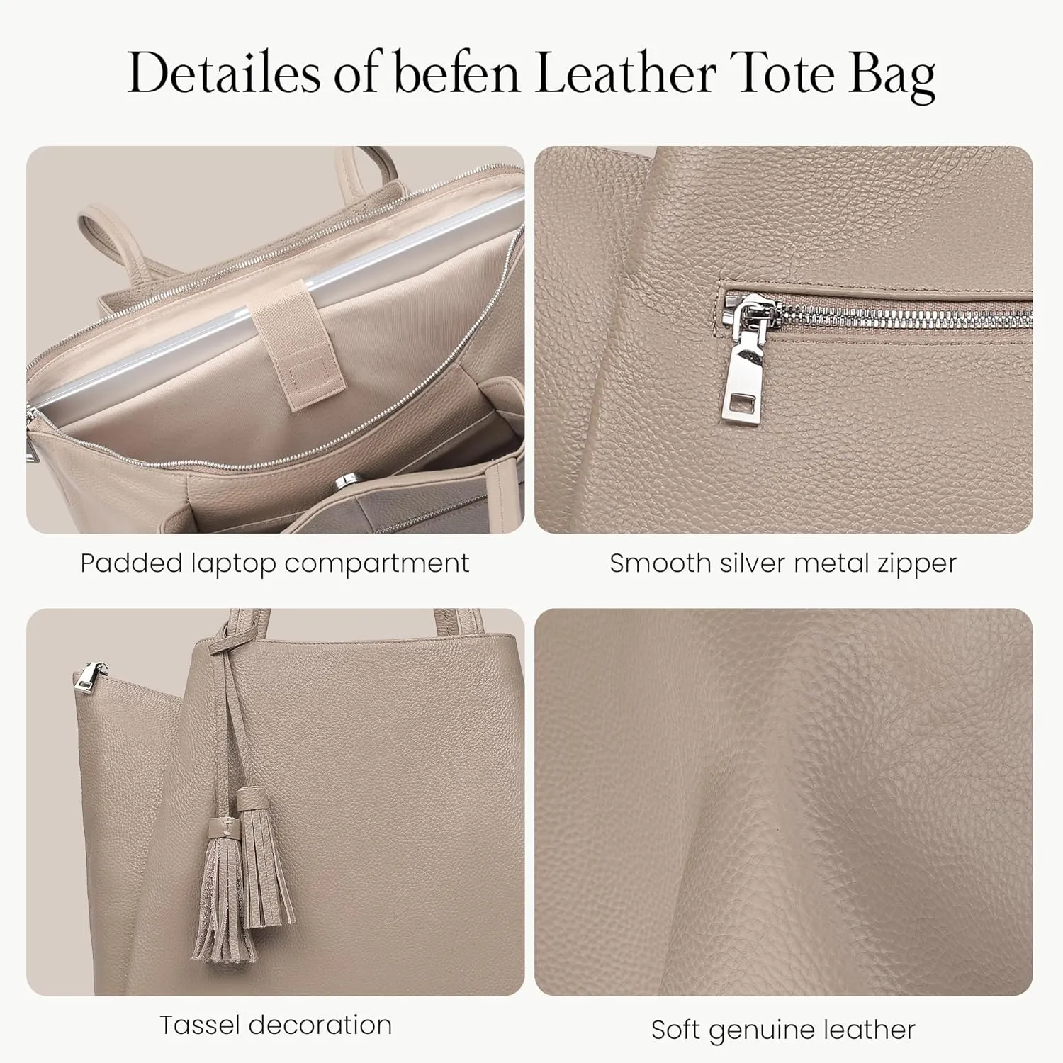 befen Genuine Leather Tote Bag for Women Work, Womens Laptop Tote Bags Shoulder Purses Totes with Compartments Handbags