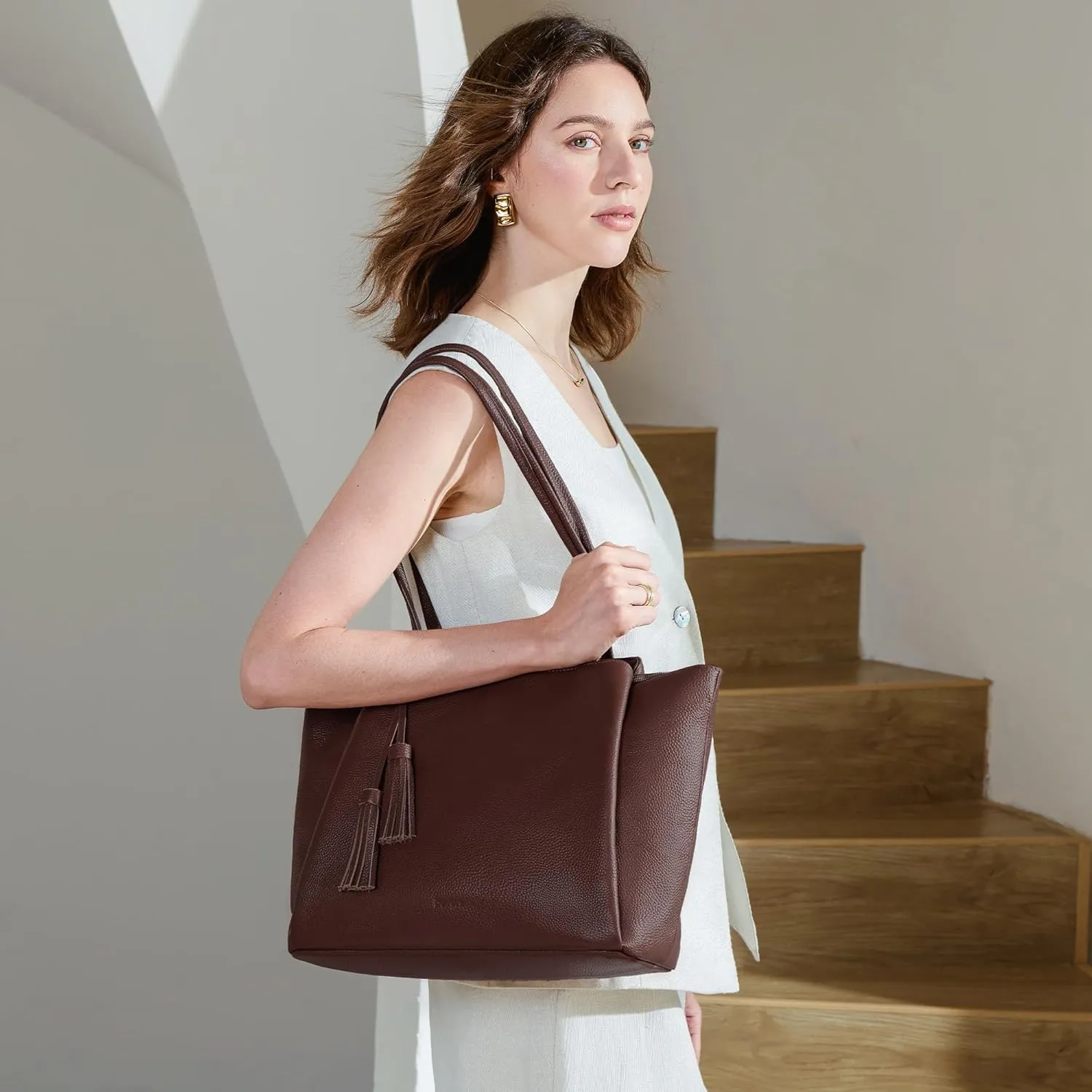 befen Genuine Leather Tote Bag for Women Work, Womens Laptop Tote Bags Shoulder Purses Totes with Compartments Handbags