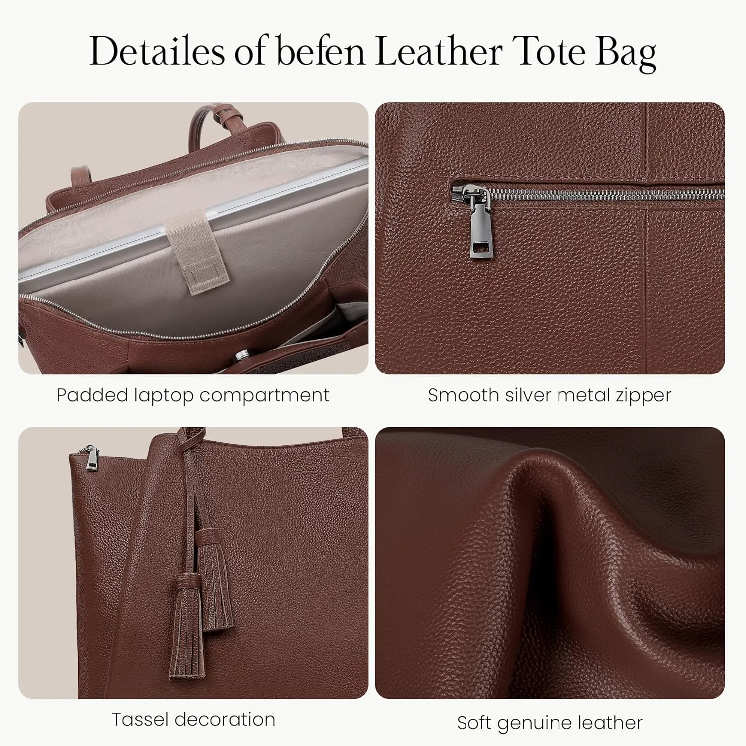 befen Genuine Leather Tote Bag for Women Work, Womens Laptop Tote Bags Shoulder Purses Totes with Compartments Handbags