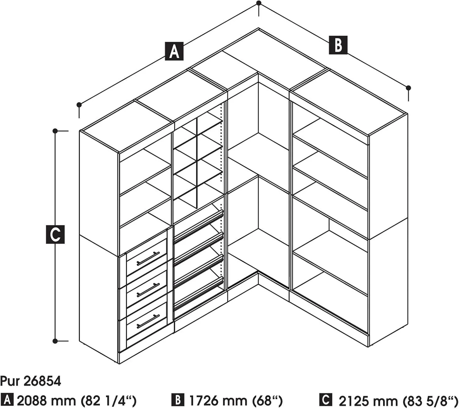 Bestar Walk-In Closet Organizer System 83-inch with Drawers for Bedroom, Entryway, Mudroom, Pur Collection, Modern, White