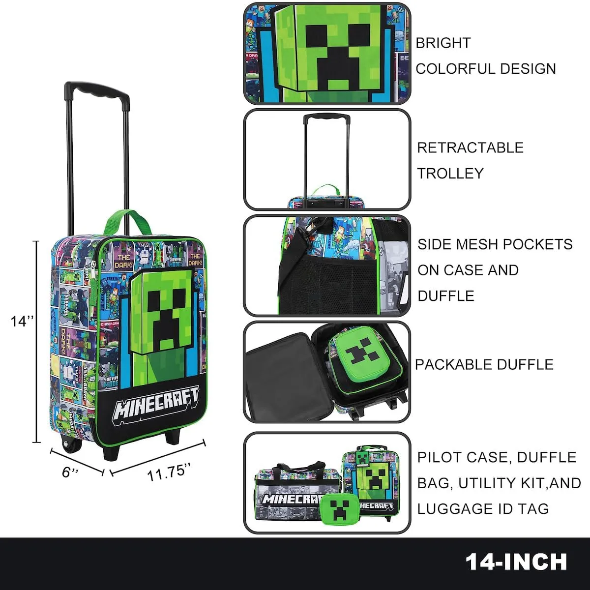 Bioworld Minecraft Creeper Youth 4-Piece Travel Set-14 Carry-on, Duffle Bag, and Luggage Tag Set