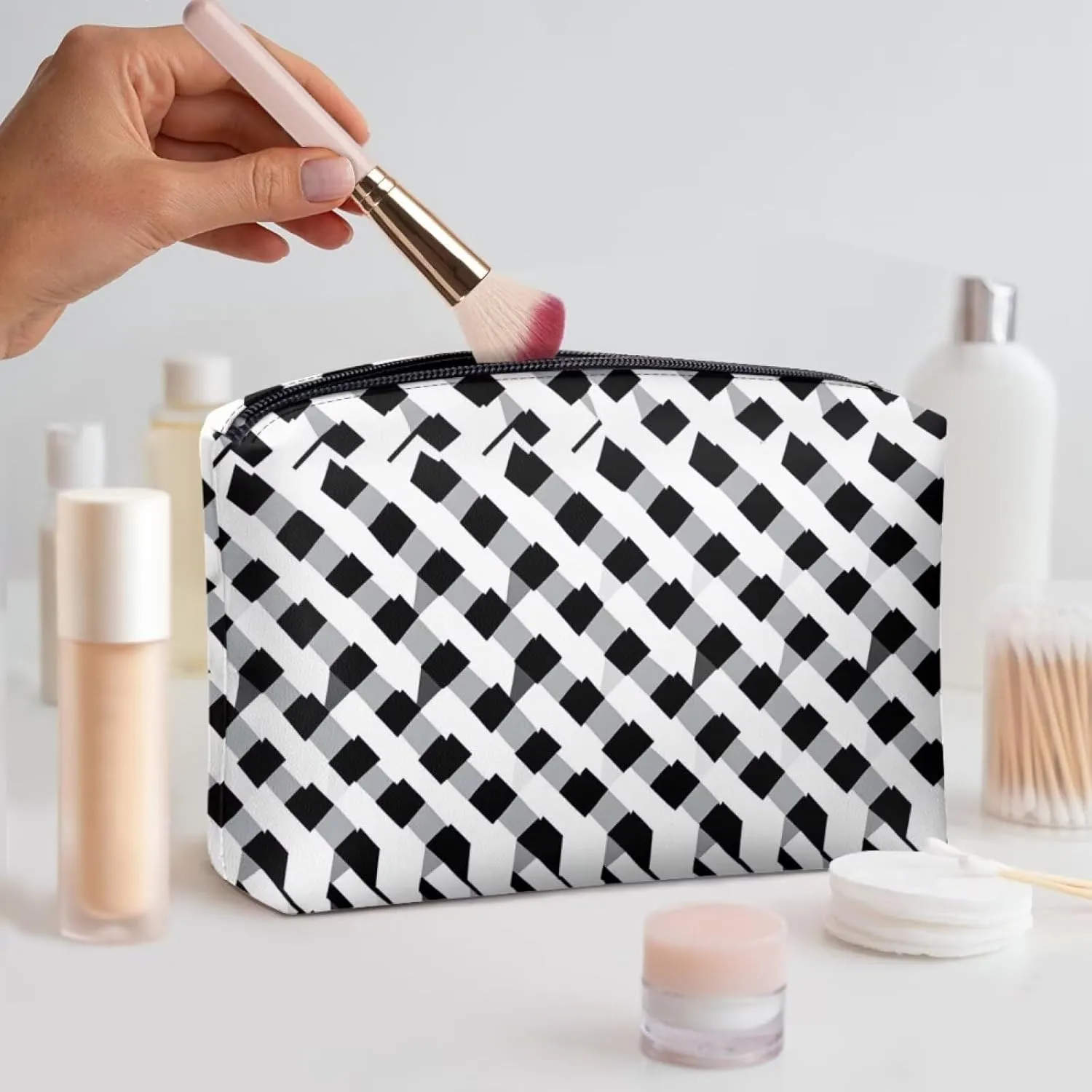 Black Checkerboard Travel Makeup Bag – Waterproof PU Leather Organizer (TSA-Friendly 7.8”L) | Small Makeup Bag for Purse & Carry-Ons | Personalized Gifts for Her