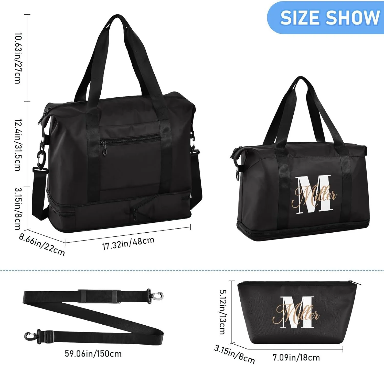 Black Custom Travel Duffel Bag for Women Men Gym Bag with Shoe Compartment Wet Pocket Personalized Carry On Weekender Overnight Bags for Travel Weekend Getaway