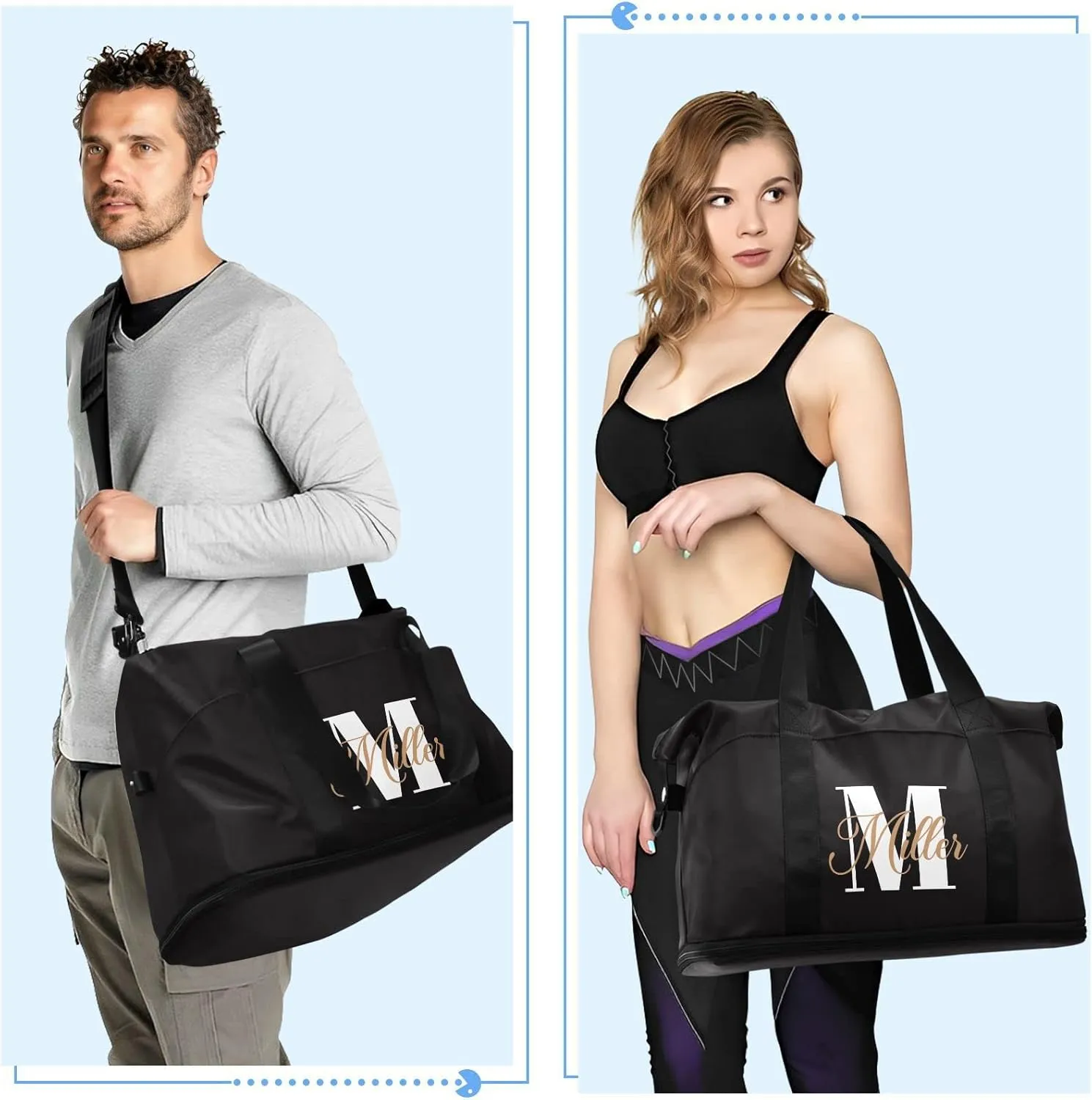 Black Custom Travel Duffel Bag for Women Men Gym Bag with Shoe Compartment Wet Pocket Personalized Carry On Weekender Overnight Bags for Travel Weekend Getaway