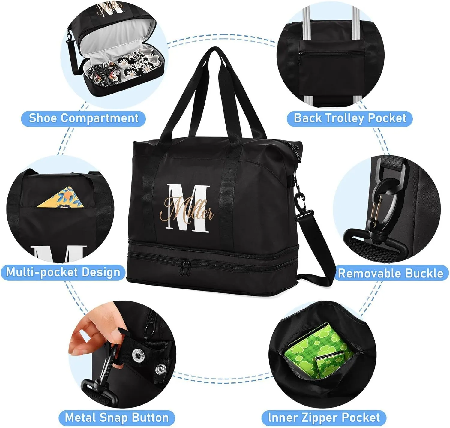 Black Custom Travel Duffel Bag for Women Men Gym Bag with Shoe Compartment Wet Pocket Personalized Carry On Weekender Overnight Bags for Travel Weekend Getaway