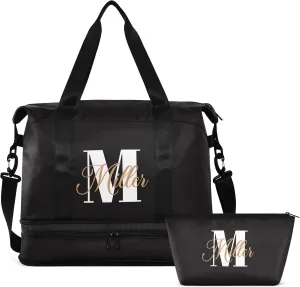 Black Custom Travel Duffel Bag for Women Men Gym Bag with Shoe Compartment Wet Pocket Personalized Carry On Weekender Overnight Bags for Travel Weekend Getaway