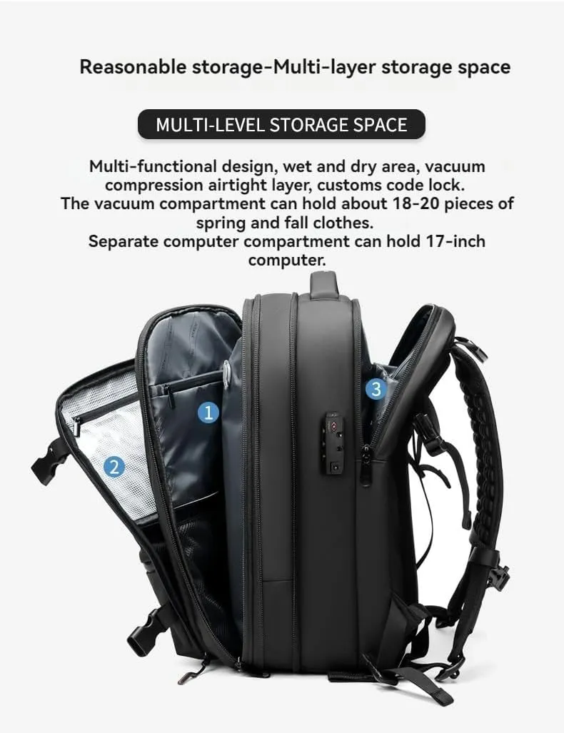 Black Travel Backpack With Vacuum Compression & Pump - Multifunctional Expandable 60L Space - Saving Backpack(Black vacuum Pump)