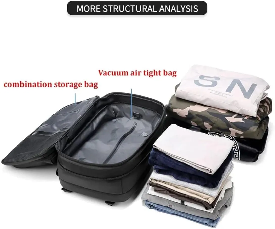 Black Travel Backpack With Vacuum Compression & Pump - Multifunctional Expandable 60L Space - Saving Backpack(Black vacuum Pump)