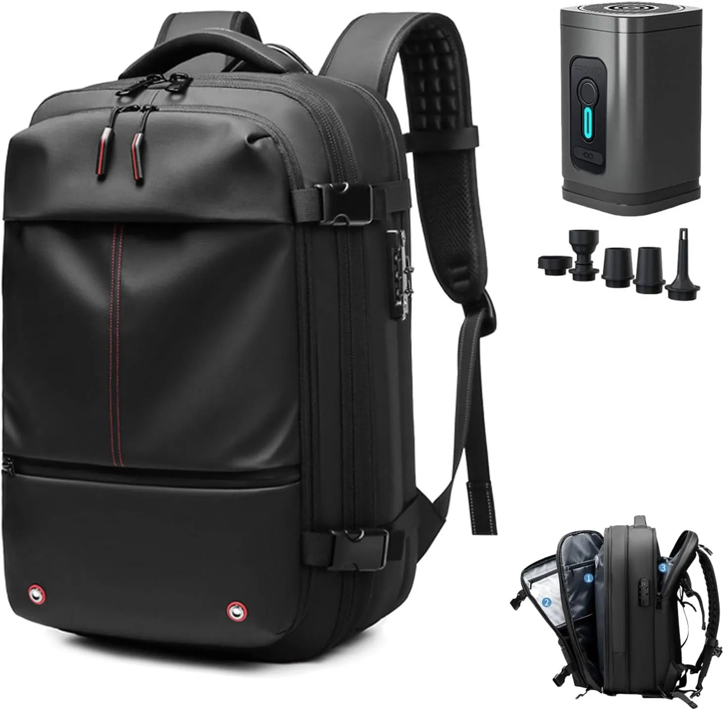 Black Travel Backpack With Vacuum Compression & Pump - Multifunctional Expandable 60L Space - Saving Backpack(Black vacuum Pump)
