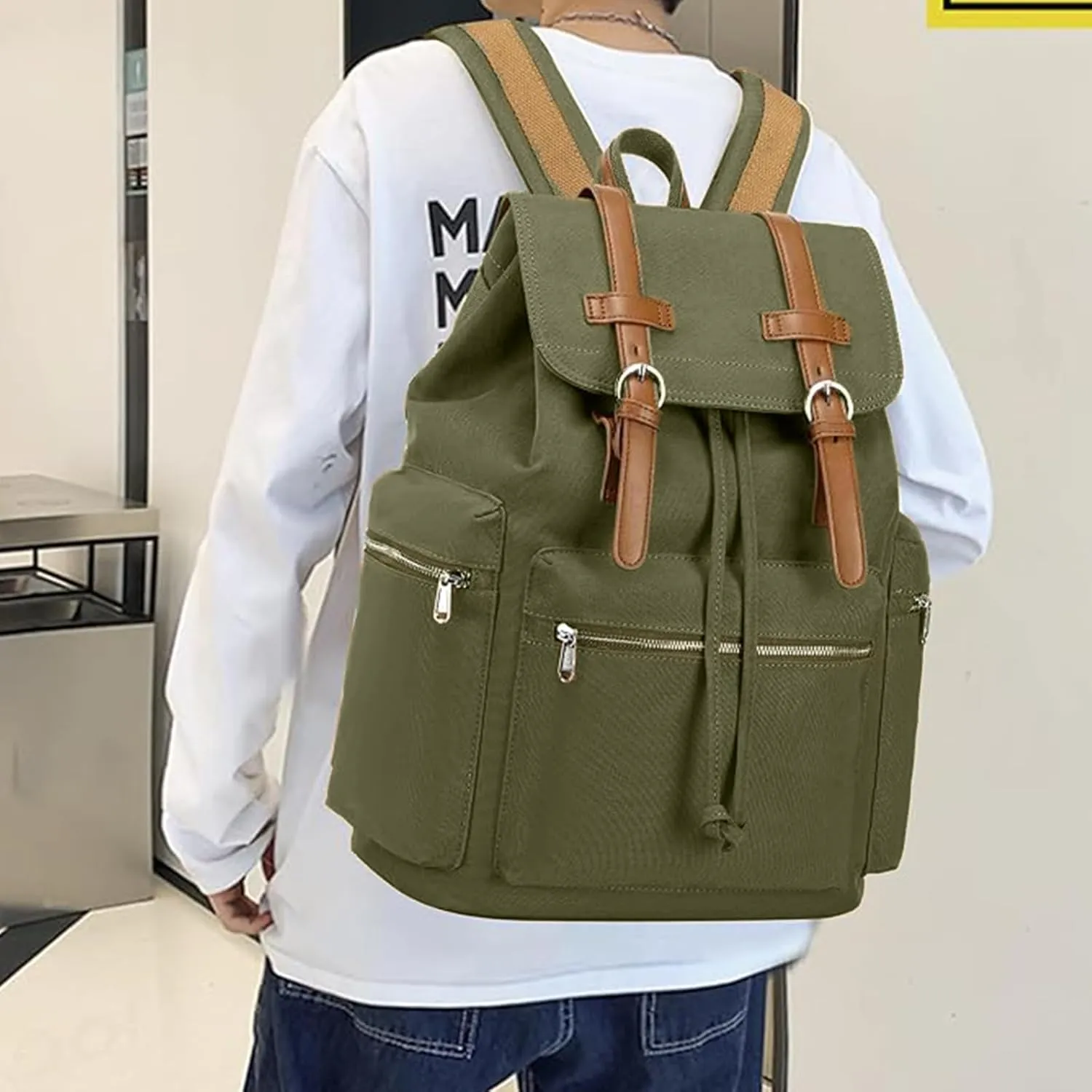 Bluboon Vintage Backpack Leather Trim Casual Bookbag Men Women Laptop Travel Rucksack