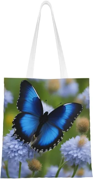 Blue Butterfly Print Canvas Tote Bag Reusable Shoulder Shopping Bags For Daily Use Shopping Travel
