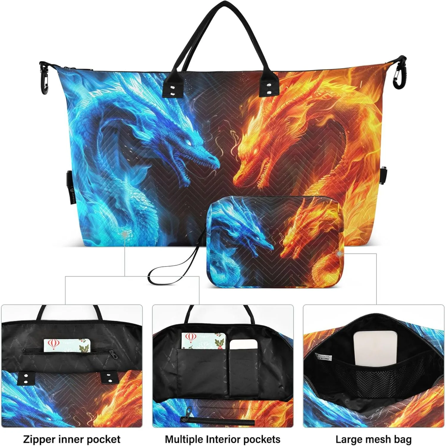 Blue Fire Dragon Orange Travel Duffle Bags Makeup Bag Set of 2, Cartoon Women Gym Bag Small Weekender Bag