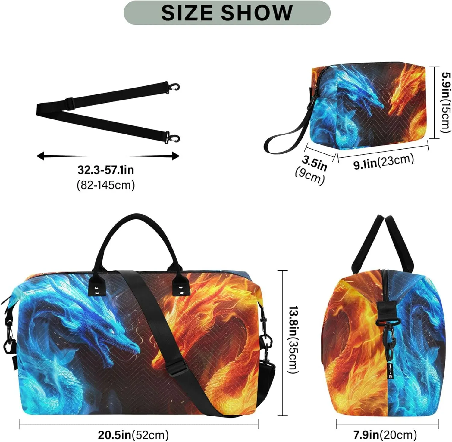 Blue Fire Dragon Orange Travel Duffle Bags Makeup Bag Set of 2, Cartoon Women Gym Bag Small Weekender Bag