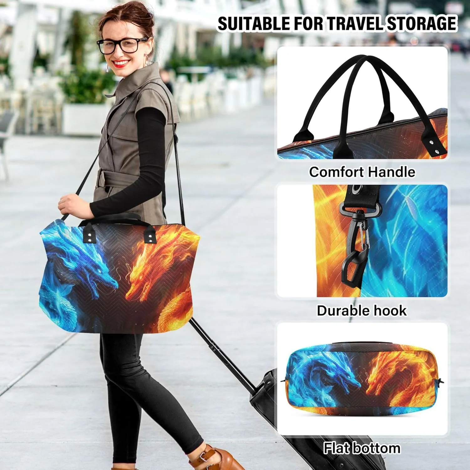 Blue Fire Dragon Orange Travel Duffle Bags Makeup Bag Set of 2, Cartoon Women Gym Bag Small Weekender Bag