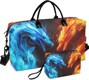Blue Fire Dragon Orange Travel Duffle Bags Makeup Bag Set of 2, Cartoon Women Gym Bag Small Weekender Bag