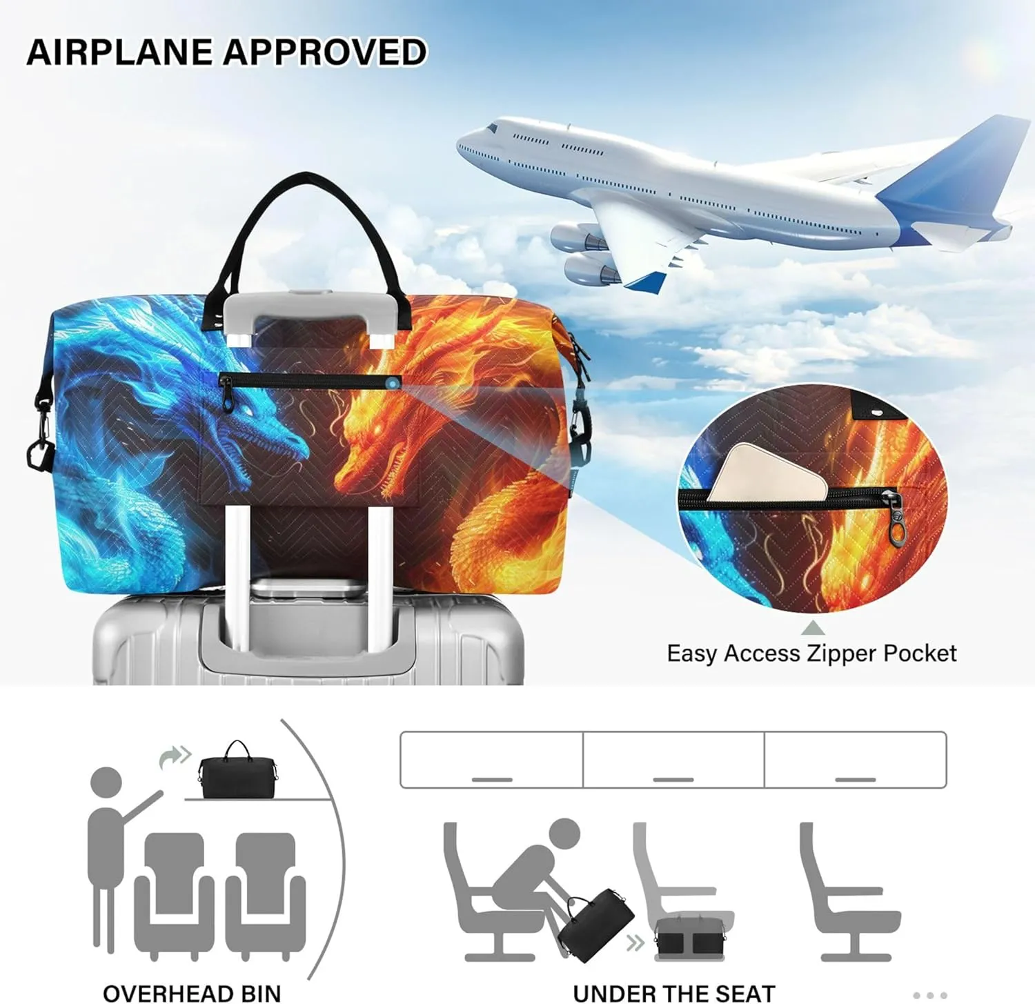 Blue Fire Dragon Orange Travel Duffle Bags Makeup Bag Set of 2, Cartoon Women Gym Bag Small Weekender Bag