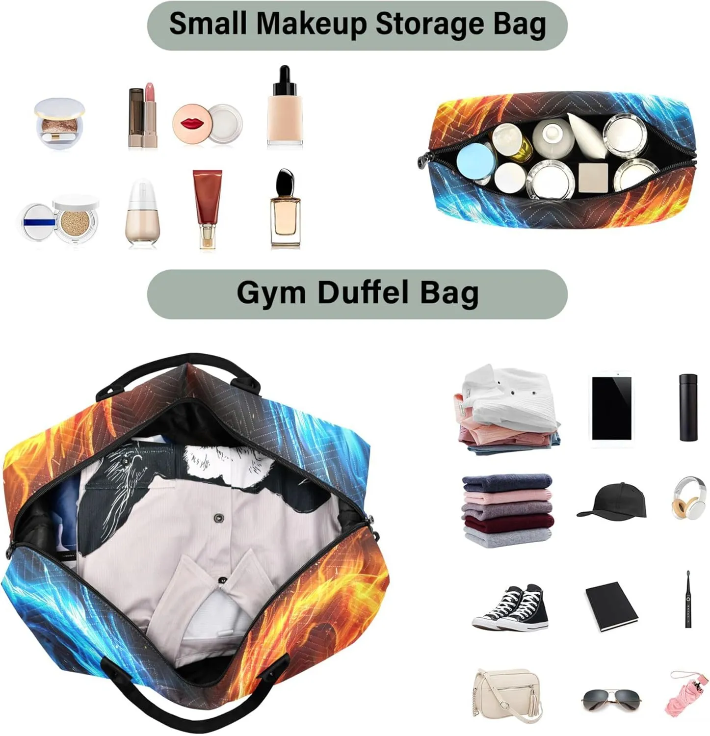 Blue Fire Dragon Orange Travel Duffle Bags Makeup Bag Set of 2, Cartoon Women Gym Bag Small Weekender Bag