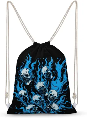 Blue Flames Skulls Drawstring Backpack Travel String Shoulder Bag Canvas Sport Sackpack for Gym Shopping Yoga
