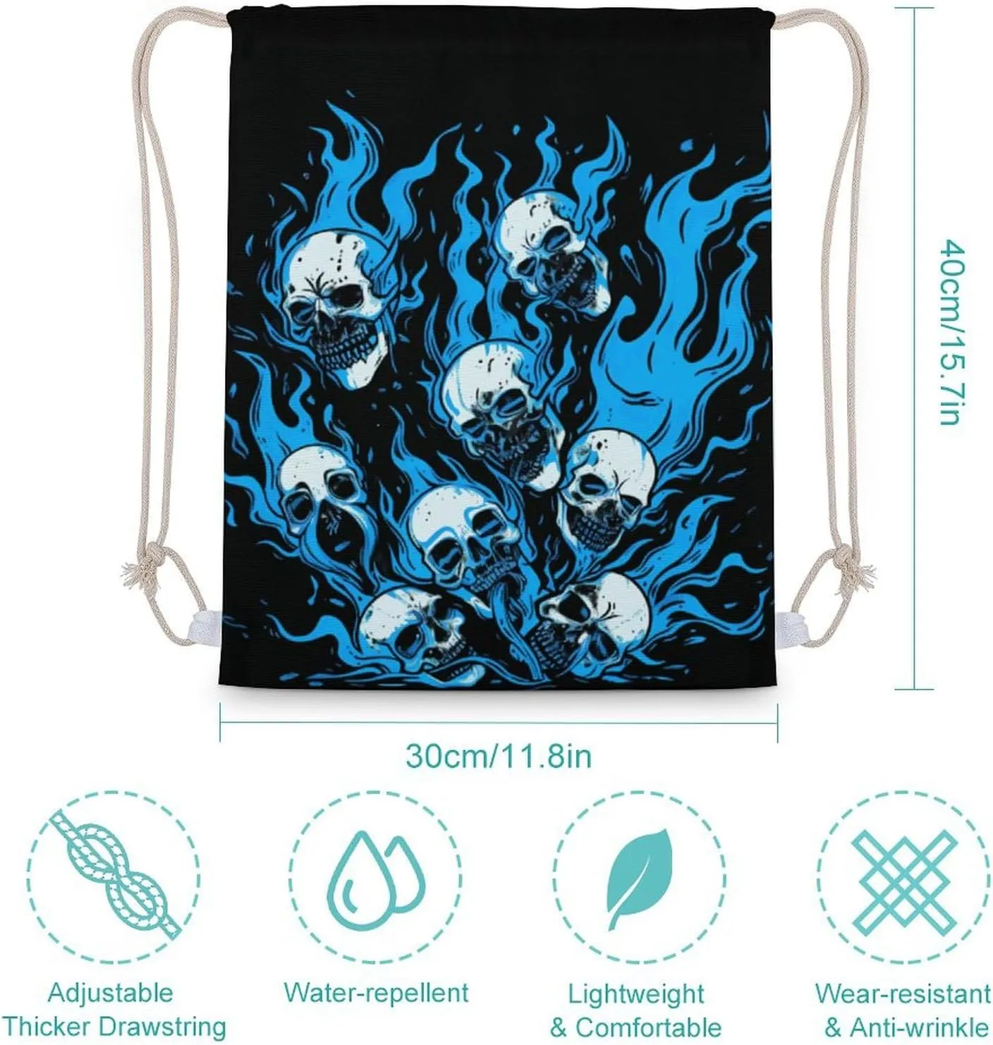 Blue Flames Skulls Drawstring Backpack Travel String Shoulder Bag Canvas Sport Sackpack for Gym Shopping Yoga