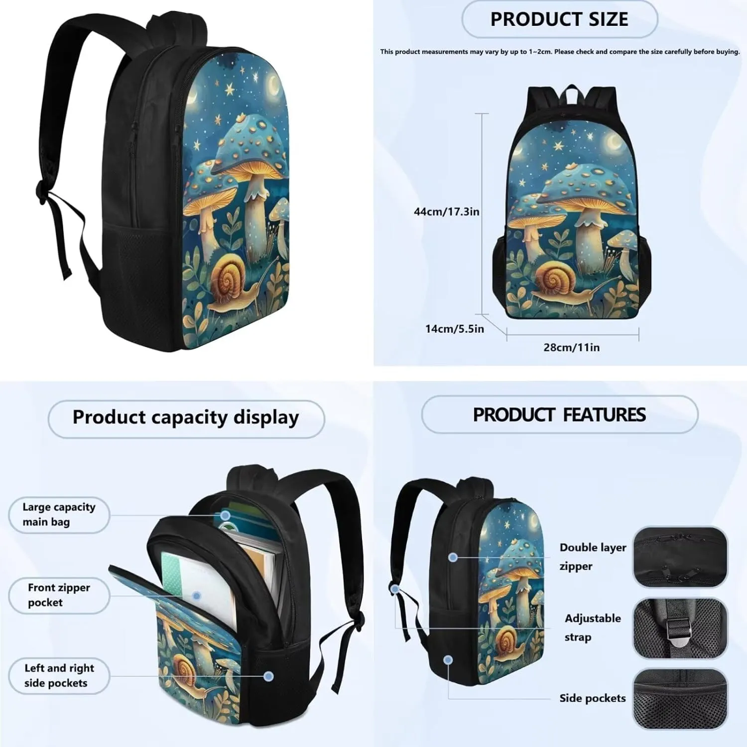 Blue Mushroom Kids' Backpacks & Lunch Boxes Snail Kids Travel Backpack School Backpack for High School Kids Backpacks Boys School Backpack for Teens Pencil Box Cute