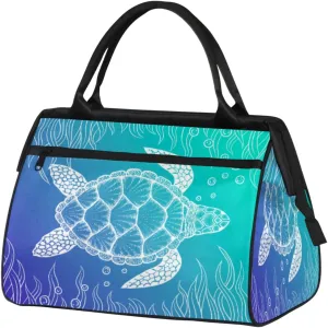 Blue Ocean Sea Turtle Seaweed Gym Bag for Women Men, Travel Sports Duffel Bag with Trolley Sleeve, Waterproof Sports Gym Bag Weekender Overnight Bag Carry On Tote Bag for Travel Gym Sport