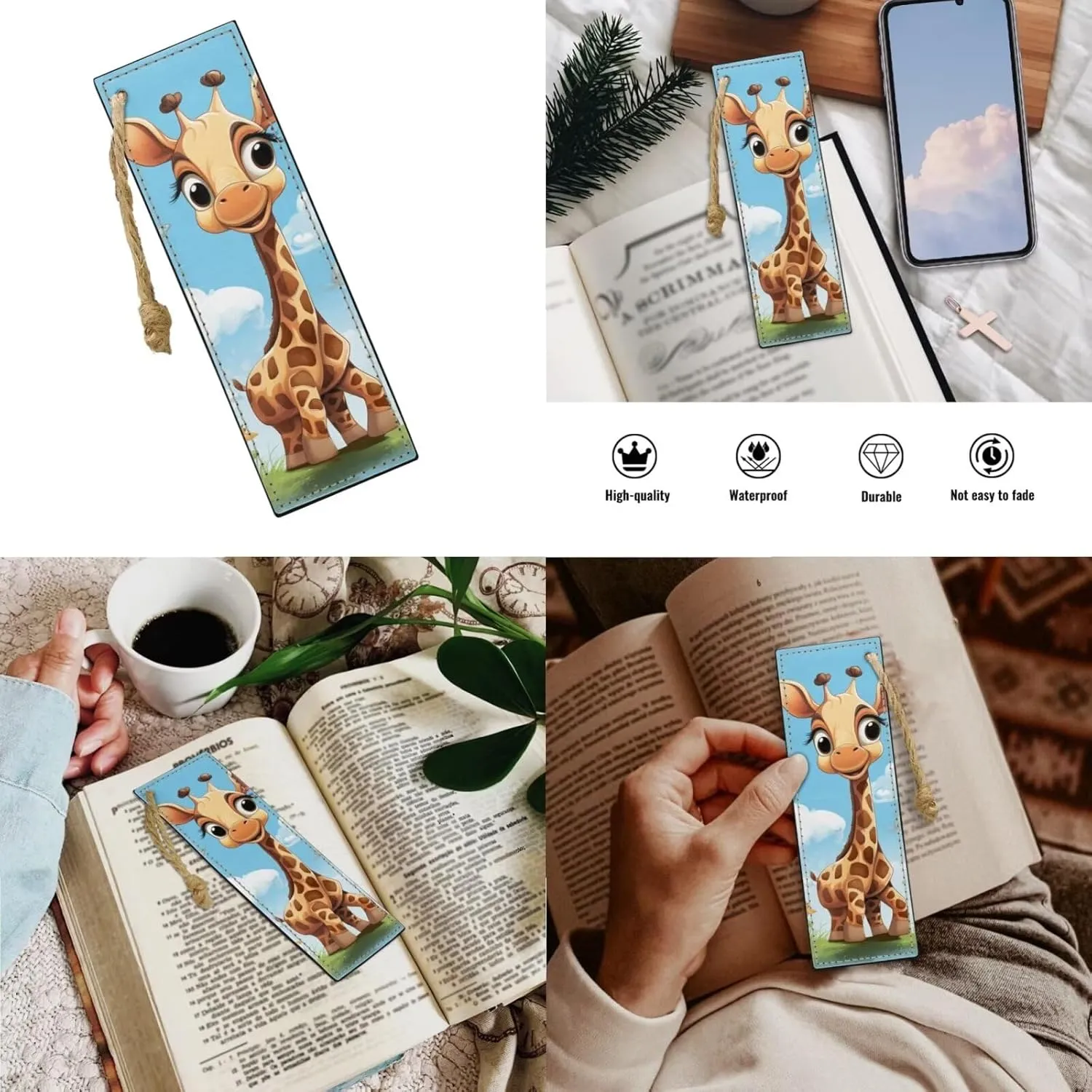 Blue Sky Giraffe Kids' Backpacks & Lunch Boxes Leather Bookmarks and Large Capacity Pencil Case 4PCS Set Bookbag for 8 Years Old Girls Lightweight 2Nd Grade School Bag