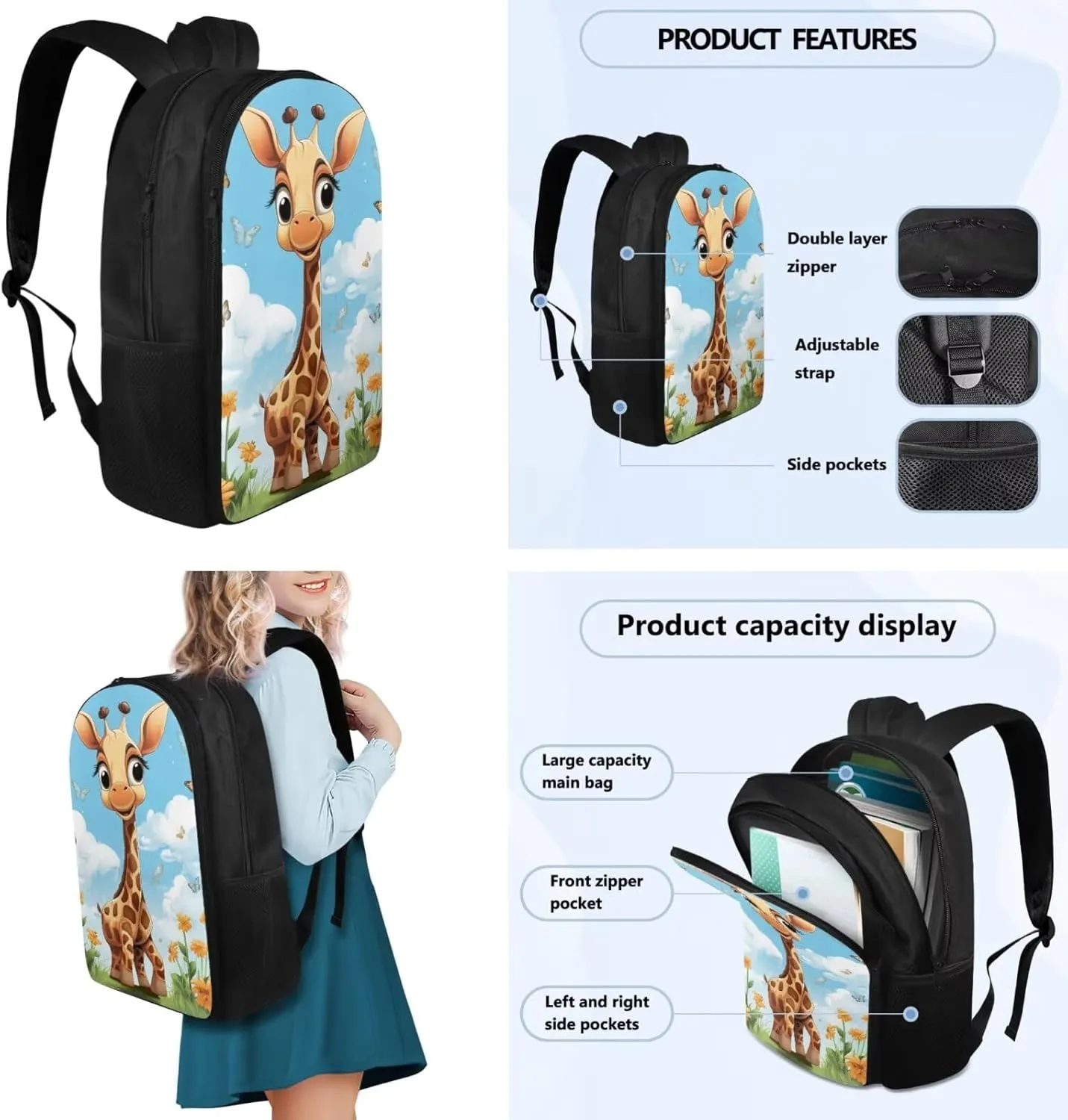 Blue Sky Giraffe Kids' Backpacks & Lunch Boxes Leather Bookmarks and Large Capacity Pencil Case 4PCS Set Bookbag for 8 Years Old Girls Lightweight 2Nd Grade School Bag