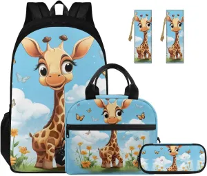 Blue Sky Giraffe Kids' Backpacks & Lunch Boxes Leather Bookmarks and Large Capacity Pencil Case 4PCS Set Bookbag for 8 Years Old Girls Lightweight 2Nd Grade School Bag