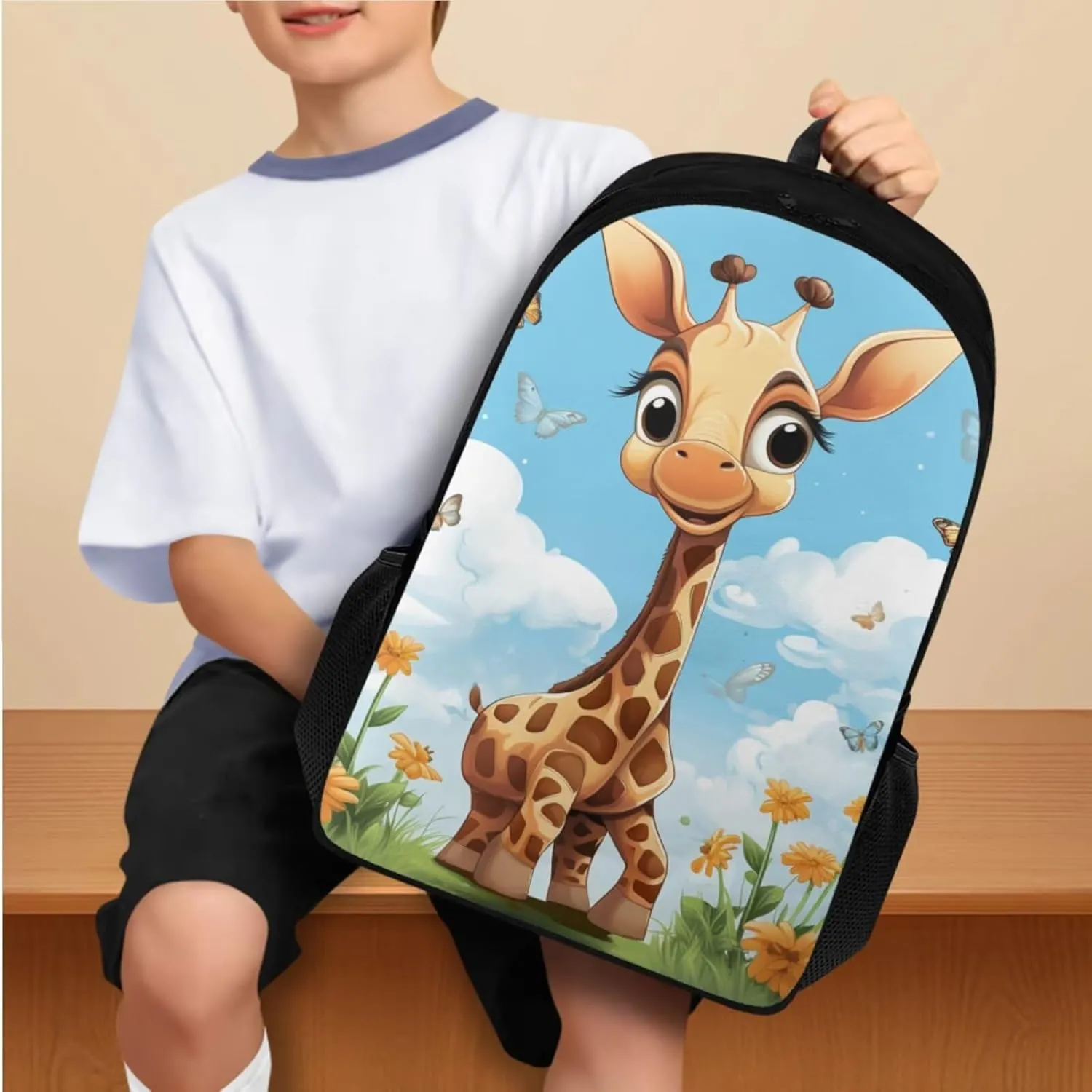 Blue Sky Giraffe Kids' Backpacks & Lunch Boxes Leather Bookmarks and Large Capacity Pencil Case 4PCS Set Bookbag for 8 Years Old Girls Lightweight 2Nd Grade School Bag