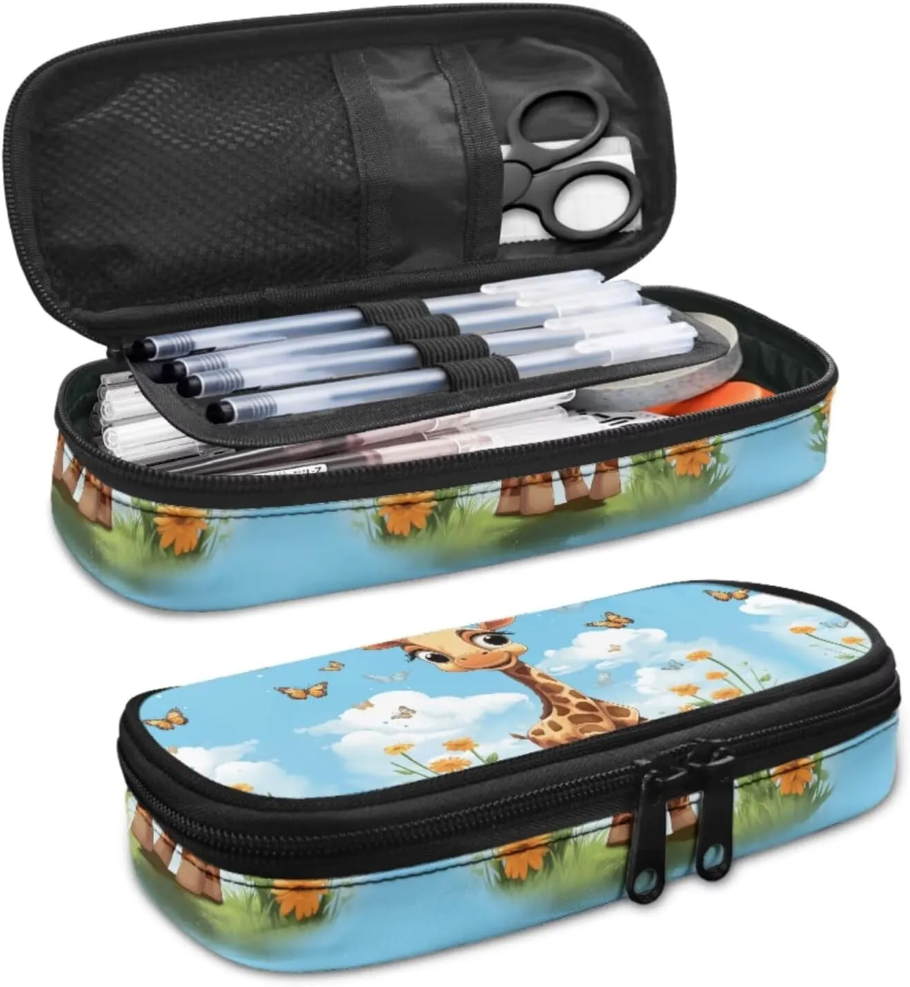 Blue Sky Giraffe Kids' Backpacks & Lunch Boxes Leather Bookmarks and Large Capacity Pencil Case 4PCS Set Bookbag for 8 Years Old Girls Lightweight 2Nd Grade School Bag