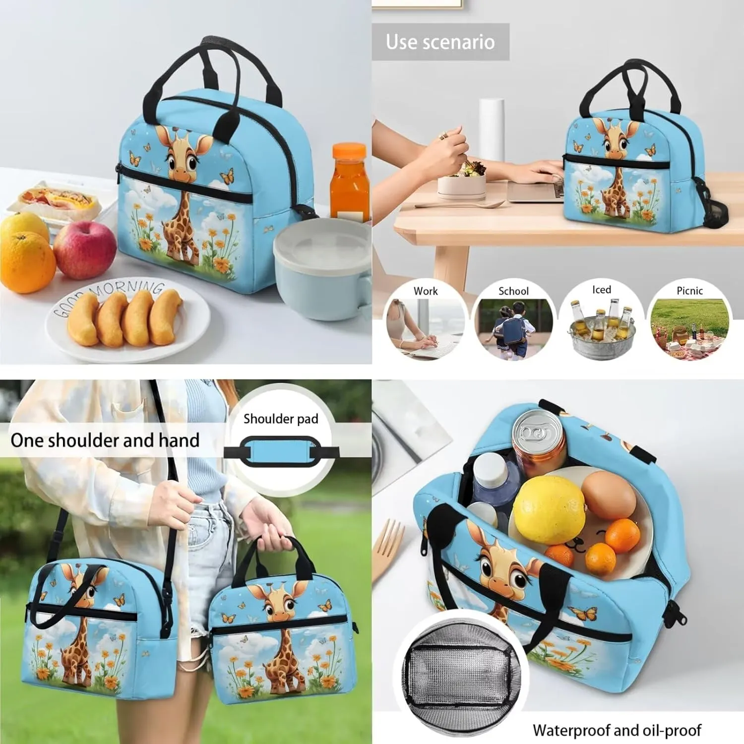 Blue Sky Giraffe Kids' Backpacks & Lunch Boxes Leather Bookmarks and Large Capacity Pencil Case 4PCS Set Bookbag for 8 Years Old Girls Lightweight 2Nd Grade School Bag