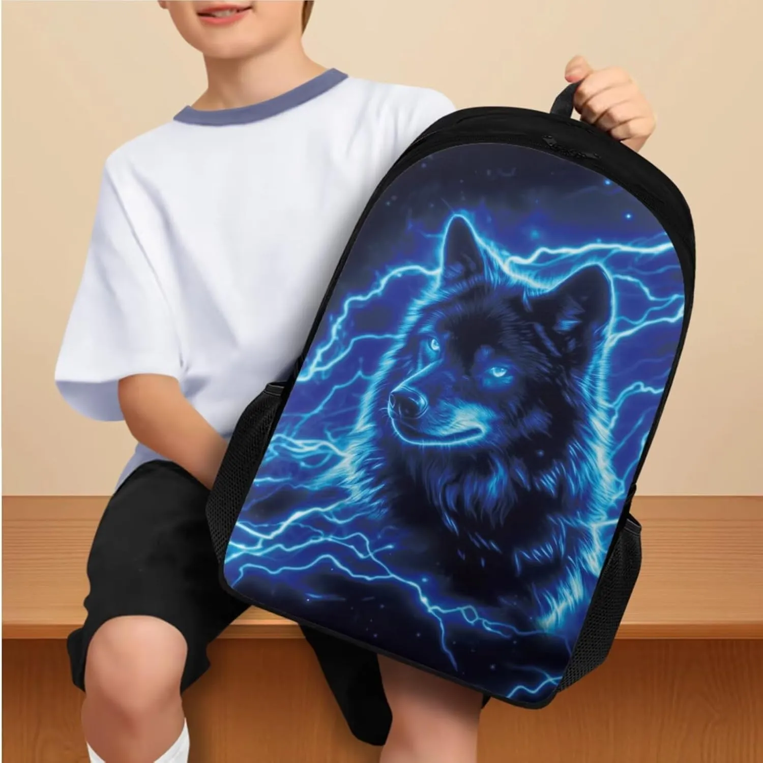 Blue Wolf Cool Backpacks for Boys Backpack and Lunch Box Set Lightweight Elementary School Bags for Boys Kids Bookbags with Side Pocket 4 in 1 Hiking Daypacks Rucksack for School