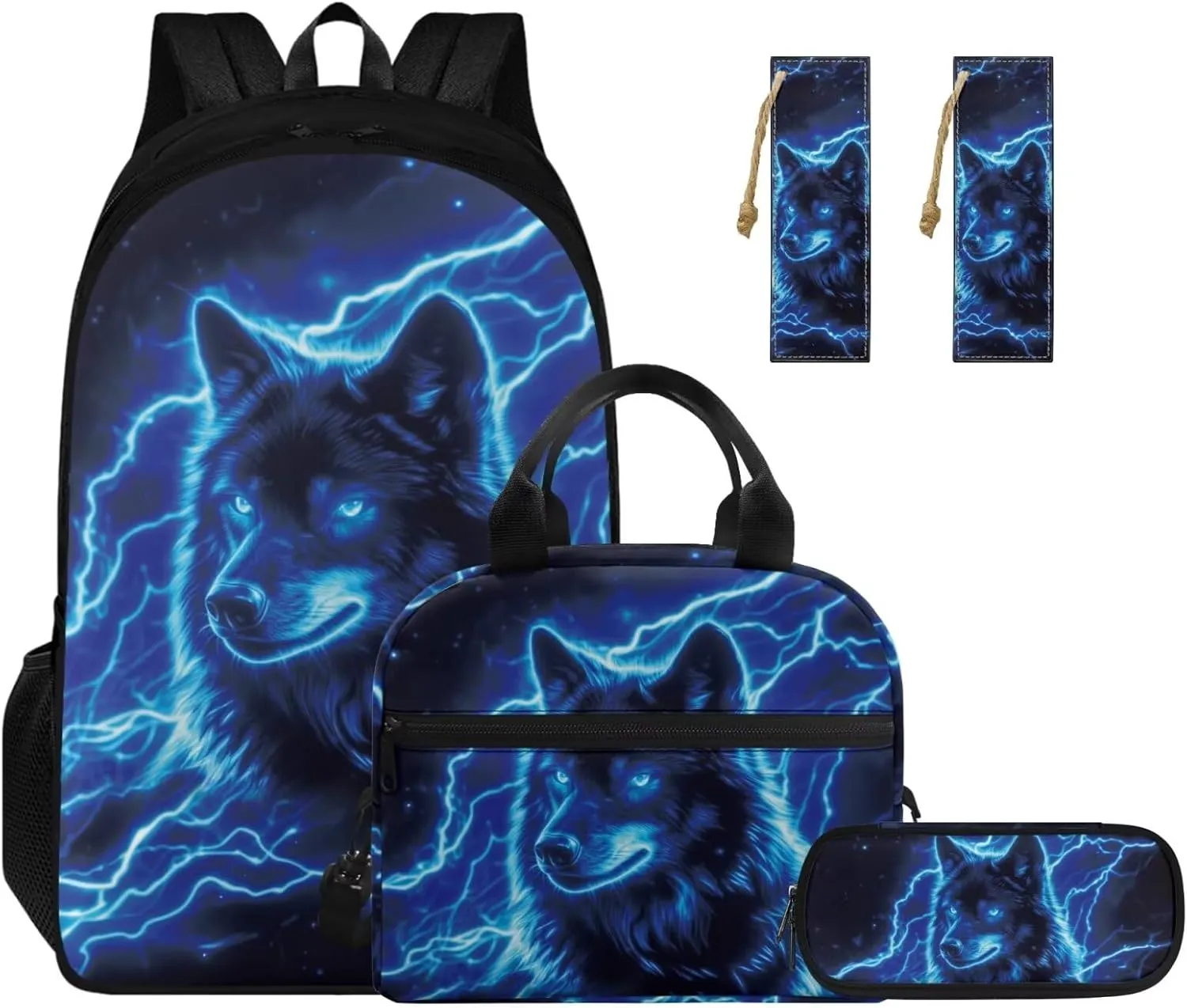 Blue Wolf Cool Backpacks for Boys Backpack and Lunch Box Set Lightweight Elementary School Bags for Boys Kids Bookbags with Side Pocket 4 in 1 Hiking Daypacks Rucksack for School