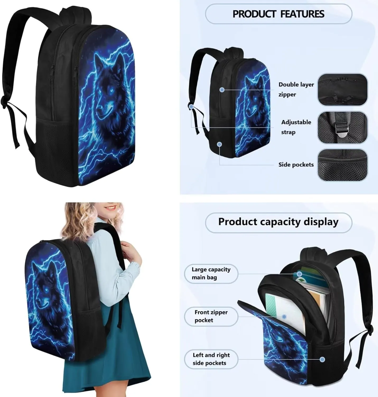 Blue Wolf Cool Backpacks for Boys Backpack and Lunch Box Set Lightweight Elementary School Bags for Boys Kids Bookbags with Side Pocket 4 in 1 Hiking Daypacks Rucksack for School