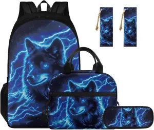Blue Wolf Cool Backpacks for Boys Backpack and Lunch Box Set Lightweight Elementary School Bags for Boys Kids Bookbags with Side Pocket 4 in 1 Hiking Daypacks Rucksack for School