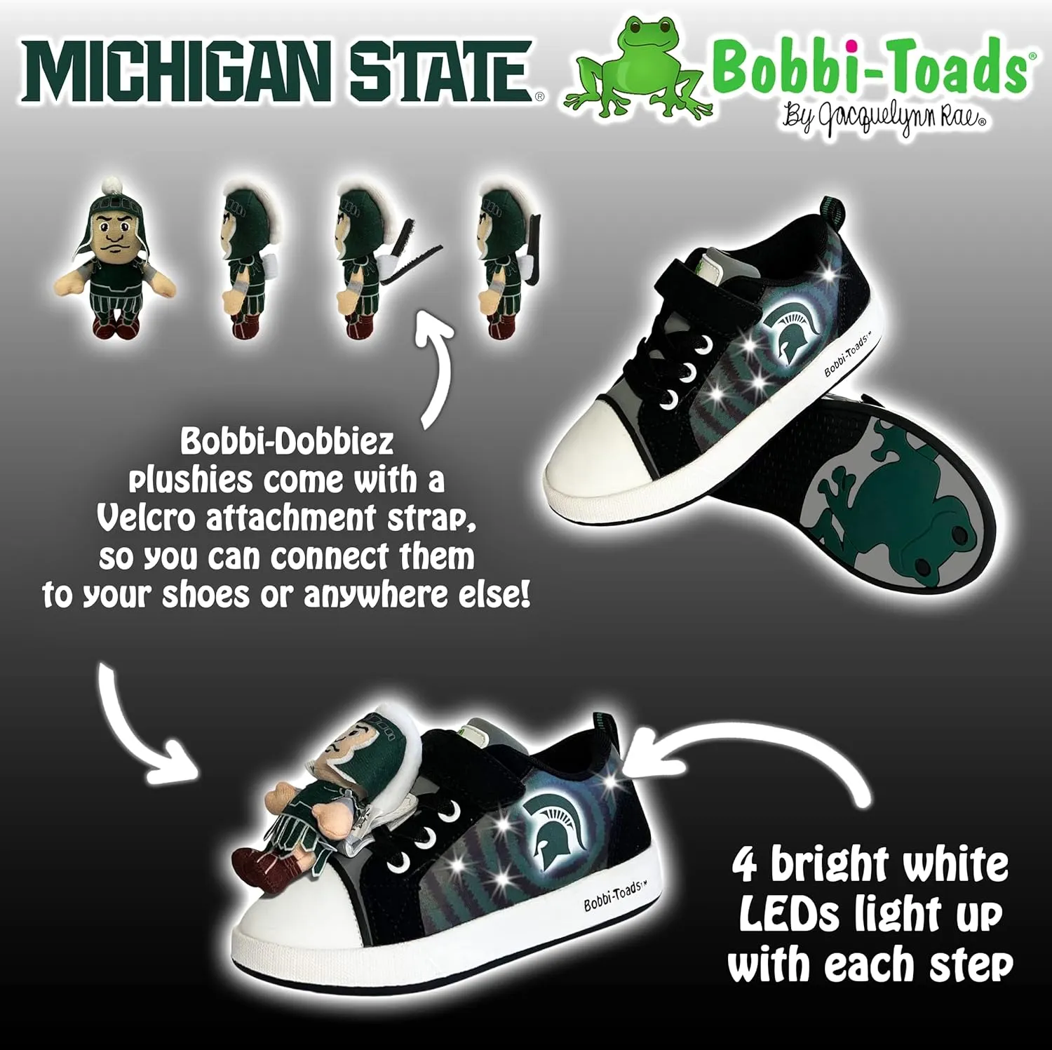 Bobbi-Toads Michigan State University Lighted Sneaker with Adjustable Strap Child Shoes & Mascot Sparty (Toddler/Little Kid) Green and Black