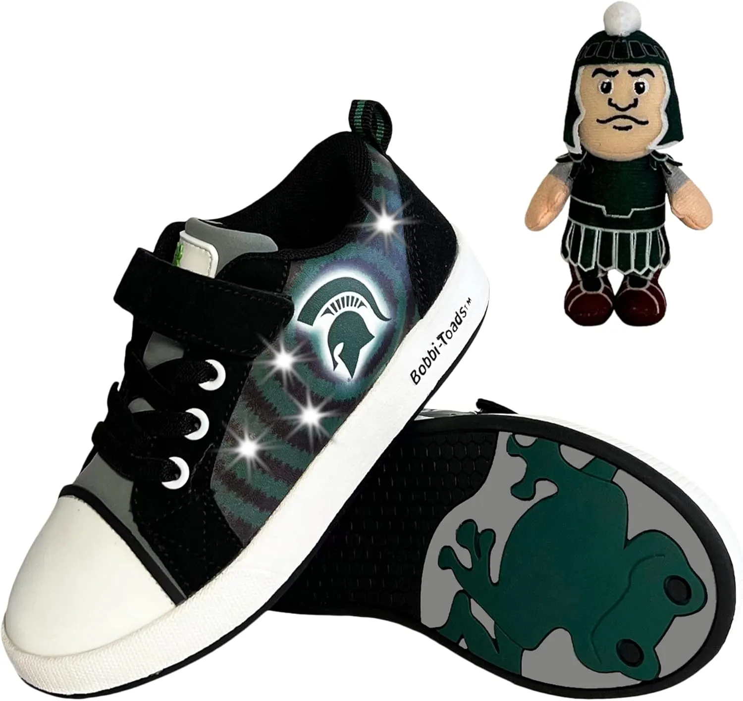 Bobbi-Toads Michigan State University Lighted Sneaker with Adjustable Strap Child Shoes & Mascot Sparty (Toddler/Little Kid) Green and Black