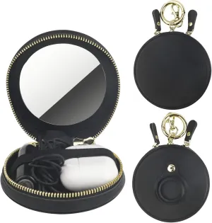 Bocasal Coin Pouch Mini Lipstick Cosmetic Bag with Airtag Holder Mirror, Leather Zipper Travel Makeup Bag Organizer Keychain Ring Clasp for Keys Earbuds Earphone Lip Gloss Chapstick Women Girl (Black)