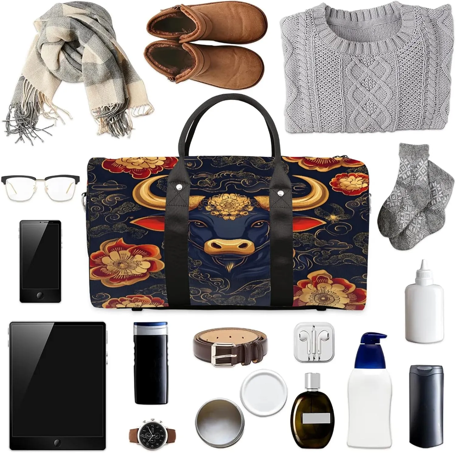 Boho Duffle Bag for Travel, Overnight Weekend Gym Carry On Luggage Bag, Bull Cow Travel Duffel Bag for Men Women