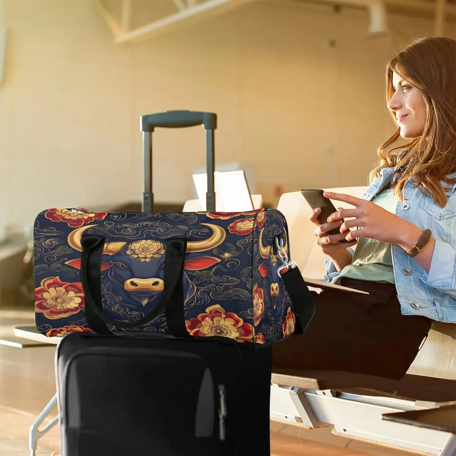 Boho Duffle Bag for Travel, Overnight Weekend Gym Carry On Luggage Bag, Bull Cow Travel Duffel Bag for Men Women
